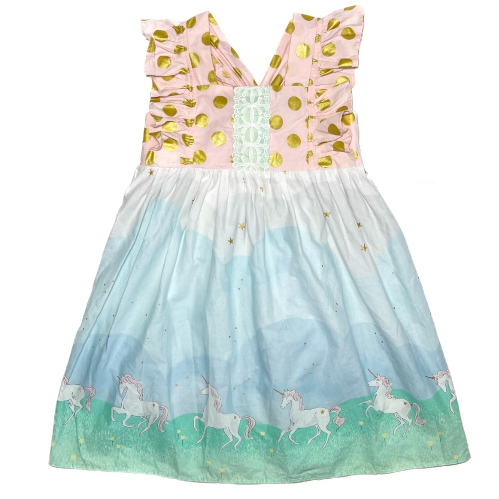 EUC/LN 100% Cotton Gorgeous Unicorn Polka Dot Ruffle Lace Dress